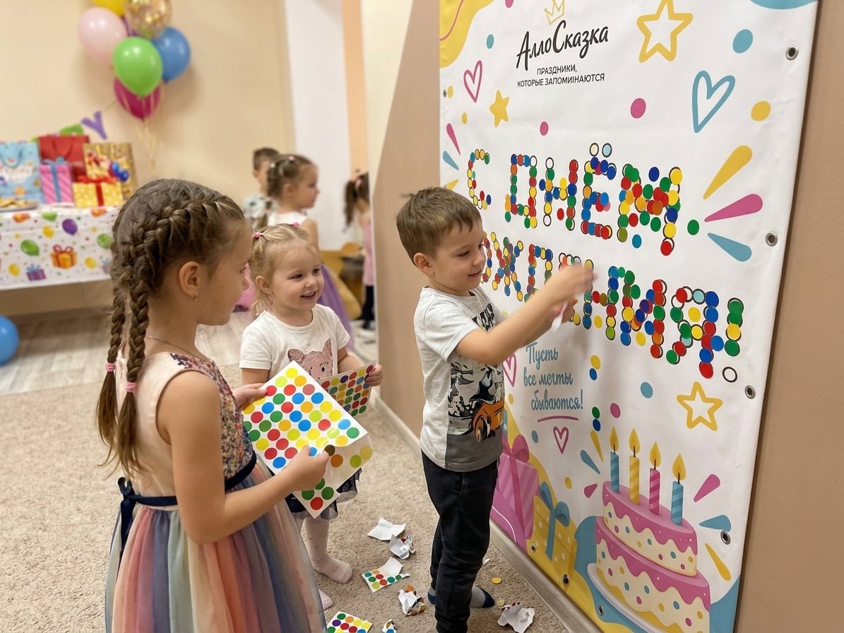 Дети наклеивают цветные кружки на плакат «С днём рождения»